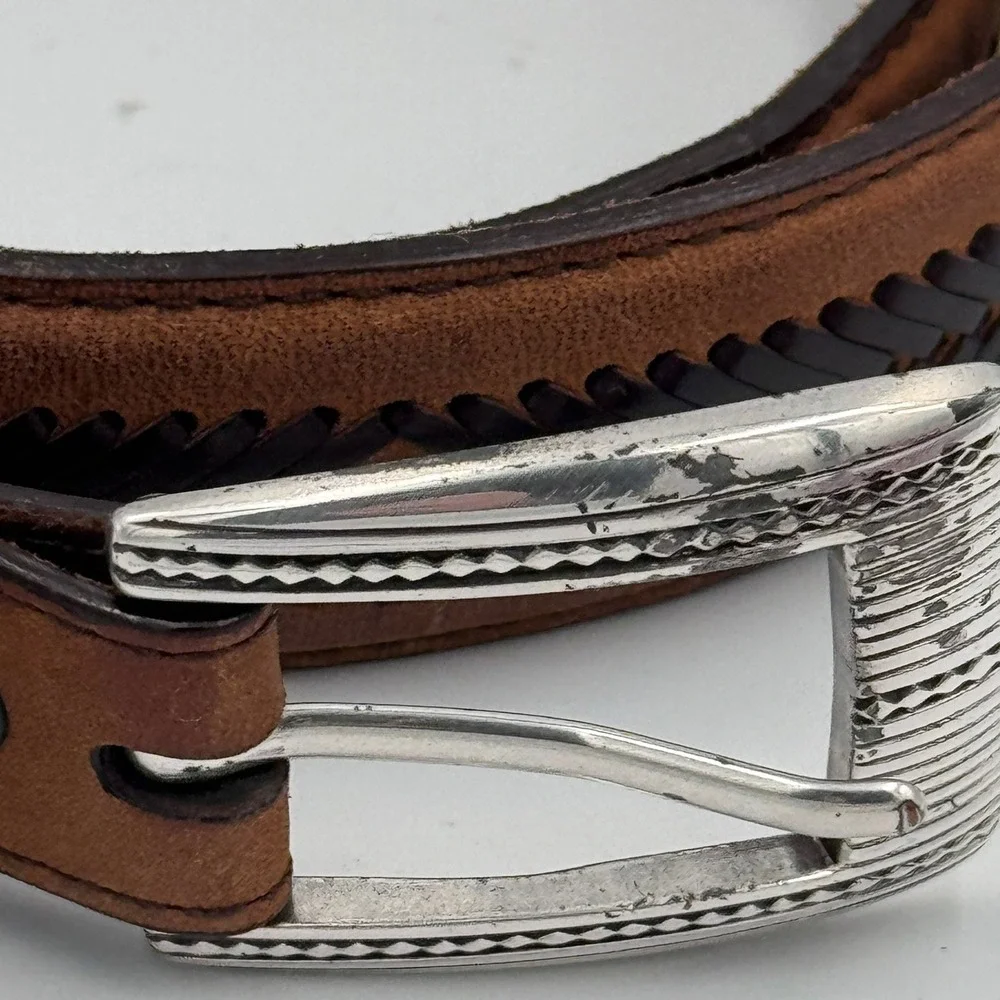 Brighton‎ Western Brown Leather Belt Engraved Buckle Metal Tip Cowboy Style